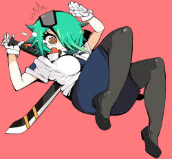 1girl black_shoes blue_skirt breasts eyelashes flying_teardrops full_body green_hair grey_pantyhose hair_over_one_eye large_breasts open_mouth orange_eyes otonashi_kiruko pantyhose pencil_skirt pink_background ringed_eyes saburou_(sblo) shinmai_fukei_kiruko-san shirt shoes short_hair short_sleeves simple_background skirt solo sword sword_on_back tears weapon weapon_on_back white_shirt