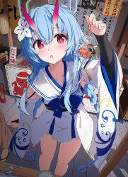 Rule 34 | 1girl, 1other, absurdres, bag, blue archive, blue hair, blue sash, blush, braid, chise (blue archive), detached sleeves, festival, fish, flower, goldfish, hair between eyes, hair flower, hair ornament, highres, holding, holding bag, japanese clothes, kimono, long hair, looking at animal, moru (moru20000), open mouth, plastic bag, red eyes, sandals, sash, sidelocks, twin braids, white flower, white kimono, wide sleeves
