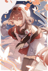 Rule 34 | 1girl, :q, boo tao (genshin impact), brown hair, brown scarf, brown thighhighs, eyewear on head, flower-shaped pupils, genshin impact, hair rings, hana (nemukunai87), hat, highres, hu tao (cherries snow-laden) (genshin impact), hu tao (genshin impact), long hair, looking at viewer, official alternate costume, red-tinted eyewear, red eyes, red nails, red skirt, round eyewear, scarf, skirt, symbol-shaped pupils, thighhighs, tinted eyewear, tongue, tongue out, white hat