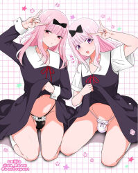 2boys black_bow black_panties black_ribbon blunt_bangs blush bow bow_panties bulge cleaned clothes_lift collarbone cosplay crossdressing detexted dress dress_lift fujiwara_chika fujiwara_chika_(cosplay) gluteal_fold grid_background hair_bow hair_ribbon head_tilt highres kaguya-sama_wa_kokurasetai_~tensai-tachi_no_renai_zunousen~ kneeling lifting_own_clothes long_hair looking_at_viewer male_focus multiple_boys nagano_rira open_mouth original panties penis_in_panties pink_hair purple_eyes red_eyes ribbon socks sweatdrop swimsuit swimsuit_under_clothes testicle_peek testicles thighs third-party_edit trap underwear v white_legwear white_panties