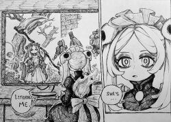 absurdres bloody_marie_(skullgirls) chronozbergh elden_ring elden_ring_nightreign highres holding holding_scythe monochrome revenant_(elden_ring) scythe skullgirls traditional_media