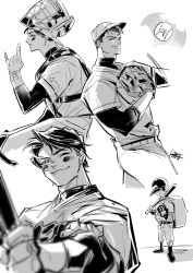 4boys baseball baseball_cap baseball_glove baseball_uniform closed_mouth commentary_request damian_wayne dc_comics dick_grayson greyscale hat highres jason_todd looking_at_viewer male_focus monochrome multiple_boys multiple_views one_eye_closed profile signature simple_background smile sportswear tim_drake tokitokororo