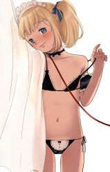 1girl backlighting bdsm behind_curtains bikini black_bikini blonde_hair blue_eyes blush closed_mouth collar commission cowboy_shot curtains flat_chest freckles frilled_bikini frills head_tilt leash loli looking_at_viewer maid maid_bikini maid_headdress navel original pixiv_commission shiratama_(pixiv_89836035) short_twintails simple_background slave smile solo strap_slip swimsuit twintails unconventional_maid white_background