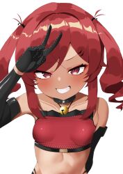1girl absurdres achi_antimony arm_behind_back bare_shoulders bell black_gloves collar crop_top gloves grin highres jingle_bell midriff mon_monn project_releum red_eyes red_hair smile tan twintails upper_body v white_background