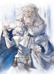 1boy absurdres belt_pouch blanca_(fate) blue_eyes bug cape clothes_lift diamond_hairband fate/grand_order fate_(series) frills fur-trimmed_cape fur_trim grey_hair hair_between_eyes hairband highres insect insect_on_shoulder juliet_sleeves long_sleeves looking_at_viewer male_focus medium_hair moth oberon_(fate) oberon_(second_ascension)_(fate) pouch puffy_sleeves two-sided_cape two-sided_fabric yellow_hairband yurumawari