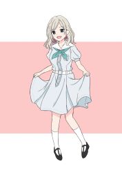 1girl :d black_shoes blue_dress blue_eyes blush breast_pocket bright_pupils ceras_yanagida_lilienfeld commentary dress full_body hasu_no_sora_school_uniform highres kneehighs letterboxed link!_like!_love_live! looking_at_viewer love_live! medium_dress medium_hair open_mouth outside_border pink_background pleated_dress pocket puffy_short_sleeves puffy_sleeves sailor_collar sailor_dress school_uniform shoes short_sleeves skirt_hold smile socks solo standing summer_uniform tottsan virtual_youtuber white_pupils white_sailor_collar white_socks