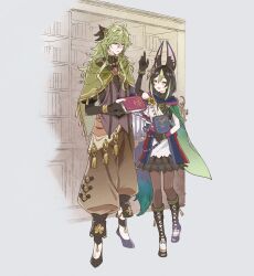 1boy 1girl adapted_costume animal_ear_piercing animal_ears arm_up black_dress black_gloves black_hair black_pantyhose black_shirt book bookshelf boots brown_pants cape collei_(genshin_impact) commentary_request dress earrings flower fox_ears fox_girl fox_tail full_body gem genderswap genderswap_(ftm) genderswap_(mtf) genshin_impact gloves green_cape green_eyes green_hair grey_background hair_between_eyes hair_ornament height_difference highres holding holding_book jewelry long_hair long_sleeves looking_at_another multicolored_hair open_mouth pants pantyhose parted_lips pink_gemstone purple_eyes shirt simple_background single_earring streaked_hair tail tighnari_(genshin_impact) yellow_flower yuuki_(yuhki_6o)