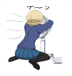 1girl black_thighhighs blue_sweater braid cup darjeeling_(girls_und_panzer) electric_fan girls_und_panzer highres hug omachi_(slabco) school_uniform sitting st._gloriana&#039;s_school_uniform sweat sweatdrop sweater teacup thighhighs