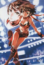 1girl absurdres boots breasts brown_eyes brown_hair crop_top fingerless_gloves gloves highres hinomoto_reiko lace-up_boots looking_at_viewer medium_breasts mma_gloves mole mole_on_breast navel nishieda non-web_source official_art open_fly rumble_roses scan short_hair short_shorts shorts smile solo wrestling_outfit wrestling_ring