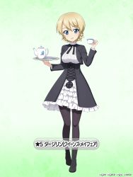 Rule 34 | 1girl, black boots, black bow, black bowtie, black dress, black jacket, black pantyhose, blonde hair, blue eyes, boots, bow, bowtie, braid, collar, commentary request, cosplay, cropped jacket, cup, darjeeling (girls und panzer), dorothy (princess principal), dorothy (princess principal) (cosplay), dress, frilled collar, frills, girls und panzer, girls und panzer senshadou daisakusen!, green background, heel up, high collar, holding, holding cup, holding tray, jacket, layered dress, long sleeves, looking at viewer, medium dress, official art, open mouth, pantyhose, princess principal, princess principal crown handler, saucer, short hair, smile, solo, standing, star (symbol), teacup, teapot, thighs, translated, tray, twin braids, watermark