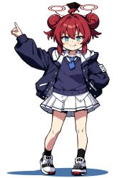 1girl :q ahoge arm_up black_jacket black_socks blue_archive blue_eyes blue_necktie blue_sweater_vest bright_pupils closed_mouth collared_shirt double_bun full_body hair_bun halo highres index_finger_raised jacket long_sleeves looking_at_viewer maki_(blue_archive) necktie open_clothes open_jacket pleated_skirt red_hair red_halo shirt shoes simple_background skirt smile sneakers socks solo standing sweater_vest tongue tongue_out white_background white_pupils white_shirt white_skirt yuuji_overall