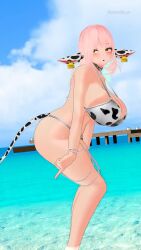 1girl 3d animated aqua_hair bikini bouncing_breasts breasts cornelia_vr cow_print cow_print_bikini curvy highres huge_breasts pink_hair print_bikini smile solo swimsuit tagme thighs video vrchat wide_hips yellow_eyes
