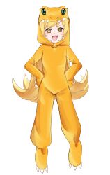 1girl agumon agumon_(cosplay) blonde_hair child cosplay digimon eyebrows_hidden_by_hair eyelashes fang female_focus full_body hands_on_own_hips hood hood_up hooded_pajamas kigurumi looking_at_viewer matching_hair/eyes meemz_a monogatari_(series) onesie open_mouth orange_onesie oshino_shinobu pajamas simple_background skin_fang smile smug solo standing vampire variant_set white_background yellow_eyes