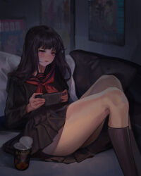 1girl absurdres black_hair black_socks blurry blurry_background cup_ramen feet_out_of_frame highres indoors long_hair long_sleeves neckerchief nintendo_switch original playing_games pleated_skirt poster_(object) red_eyes red_neckerchief sayi school_uniform serafuku sitting skirt socks thighs