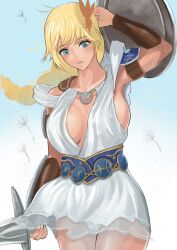 1girl bare_shoulders blonde_hair blue_eyes blush breasts cleavage highres hoshinatsue large_breasts long_hair panties shield sideboob skirt sleeveless sophitia_alexandra soul_calibur sword underwear weapon white_panties
