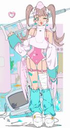 1girl ;d absurdres bandaged_head bandaged_leg bandages bandaid bandaid_on_leg bare_shoulders blood blood_bag blue_eyeshadow blunt_bangs broken_screen brown_hair clothing_cutout commentary_request covered_navel crt earrings eyeshadow full_body gauze gauze_on_cheek hat highres himuro_yukichiko holding_crutch jacket jewelry leg_warmers leotard long_hair looking_at_viewer makeup nurse nurse_cap one_eye_closed open_mouth original pill_earrings pink_leotard shoes shoulder_cutout sleeves_past_wrists smile solo standing syringe thigh_strap twintails white_jacket white_shoes