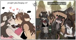 5girls animal animal_ears belt black_bra black_hair black_jacket blush bra breasts brown_pants cigarette cleavage deer_ears deer_girl dog_ears dog_girl english_text from_side furry furry_female gun heart highres holding holding_gun holding_weapon horse jacket kiss large_breasts long_hair multiple_girls original outdoors pants profile raccoattack raccoon_ears raccoon_girl rope sheep_ears sheep_girl shirt short_hair smoking underwear weapon white_background white_shirt yuri