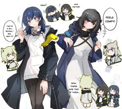 Rule 34 | +++, 4girls, animal ear fluff, animal ears, arknights, arknights: endfield, arya melati, black coat, black hair, black pantyhose, blue coat, blue eyes, blue hair, blush, cat ears, cat girl, chibi, chibi inset, coat, commentary, cosplay, costume switch, crossed arms, doctor (arknights), doctor (arknights) (cosplay), endministrator (arknights), english commentary, english text, eye mask, female doctor (arknights), female endministrator (arknights), female endministrator (arknights) (cosplay), green hair, grey hair, hand up, highres, in-franchise crossover, kal&#039;tsit (arknights), long sleeves, medium hair, multiple girls, open clothes, open coat, pantyhose, perlica (arknights), sweater, unamused, white background, white sweater