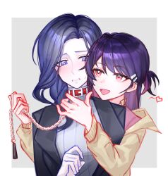 2girls absurdres black_jacket blue_hair border chinese_commentary coat collar commentary_request grey_background hair_ornament hairclip heart highres holding holding_leash jacket leash long_hair love_curse:_find_your_soulmate molingxiang_chimangguo multiple_girls open_mouth pink_eyes pink_hair purple_eyes purple_hair selene_yan simple_background smile sweater upper_body victoria_qi white_border white_sweater yellow_coat yuri