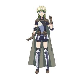 Rule 34 | 1girl, anime coloring, arm up, armor, belt, black shirt, black shorts, black thighhighs, blunt bangs, blush, boots, braid, breasts, brown belt, brown boots, brown gloves, cloak, collared shirt, crown braid, death march kara hajimaru isekai kyousoukyoku, full body, gloves, green eyes, green hair, knee guards, long hair, looking at viewer, official art, shirt, short shorts, short sleeves, shorts, shoulder armor, simple background, smile, solo, standing, takimoto shouko, tareme, thighhighs, thighs, transparent background, zena marientail