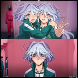 1other 2girls ahoge artist_name black_border blue_eyes blue_gemstone blue_hair blurry blurry_background blush border cesar_zebrah closed_mouth collarbone drop-shaped_pupils dual_persona empty_eyes furina_(genshin_impact) gem genshin_impact green_jacket hair_between_eyes hand_up happy heterochromia highres hug indoors jacket jewelry long_sleeves looking_at_another looking_at_viewer meme multicolored_hair multiple_girls necklace no_headwear one_eye_closed open_mouth puffy_long_sleeves puffy_sleeves sad shirt short_hair smile squid_game symbol-shaped_pupils t-shirt teeth track_jacket two-tone_hair upper_body w white_hair white_shirt worker_(squid_game) year_1_&amp;_year_2_(squid_game)_(meme)