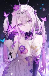 1girl bare_shoulders black_tiara breasts bug butterfly butterfly_on_hand castorice_(honkai:_star_rail) commentary_request dress flower hair_flower hair_ornament highres honkai:_star_rail honkai_(series) insect long_hair medium_breasts night night_sky nupenupewo pointy_ears purple_eyes purple_hair purple_hands sky solo tiara white_dress