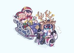 Rule 34 | alfonse (fire emblem), animal costume, antlers, armor, bell, blonde hair, blue eyes, blush, brother and sister, cape, christmas, christmas present, commentary, fire emblem, fire emblem heroes, gift, gloves, glowing, hat, holding, holding sack, horns, lif (fire emblem), mistletoe, multicolored hair, mushi rags, nintendo, open mouth, red eyes, reindeer antlers, reindeer costume, sack, santa costume, santa hat, sharena (fire emblem), siblings, sleigh, smile, star (symbol), sweat, sweatdrop