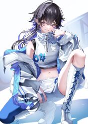 1girl absurdres asymmetrical_legwear black_hair blue_thighhighs boots colored_inner_hair crossed_bangs earrings hair_between_eyes high_collar highres ichinose_uruha jacket jewelry knee_boots long_hair long_sleeves midriff minto_(minto_rururu) multicolored_hair navel off_shoulder official_alternate_costume parted_lips puffy_long_sleeves puffy_sleeves purple_eyes shirt short_shorts shorts single_bare_shoulder single_thighhigh sleeveless sleeveless_shirt solo spread_legs squatting thigh_strap thighhighs virtual_youtuber vspo! vspo!_showdown white_boots white_jacket white_shorts