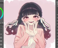 1girl alternate_costume art_program_in_frame baio_rin black_hair black_outline blunt_bangs blush braid cardigan casual chi_kan100 collarbone cropped_cardigan curly_hair floating_hair frilled_shirt frills gradient_hair hair_ribbon hands_on_own_cheeks hands_on_own_face kimi_no_koto_ga_dai_dai_dai_dai_daisuki_na_100-nin_no_kanojo long_hair long_sleeves looking_at_viewer multicolored_hair open_mouth outline pink_background pink_cardigan red_eyes red_hair ribbon screencap sharp_teeth shirt shoulder_tilt side_braids simple_background solo straight-on teeth upper_body white_background white_ribbon white_shirt