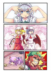 Rule 34 | 5girls, :p, ascot, bat wings, beret, blonde hair, blue eyes, bow, braid, chibi, chips (food), colonel aki, commentary, crescent, crescent hat ornament, crescent moon, flandre scarlet, food, gem, getter robo, getter robo (classic), grin, hair between eyes, hair bow, hand on own hip, hand over eye, hat, hat ornament, hat ribbon, highres, hong meiling, hoshino ai&#039;s pose, izayoi sakuya, licking, licking floor, long hair, maid headdress, mob cap, moon, multiple girls, oshi no ko, parody, patchouli knowledge, potato chips, purple hair, red eyes, red hair, remilia scarlet, ribbon, shoes, short hair, short sleeves, side ponytail, smile, star-shaped pupils, star (symbol), style parody, symbol-shaped pupils, thick eyebrows, tongue, tongue out, touhou, trash bag, twin braids, wings