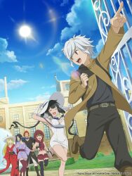 Rule 34 | 2boys, 4girls, absurdres, animal ears, bare legs, bell cranel, black hair, black shirt, blonde hair, blue sky, breasts, cleavage cutout, closed eyes, clothing cutout, dress, dungeon ni deai wo motomeru no wa machigatteiru darou ka, fox ears, fox girl, hat, hestia (danmachi), highres, hood, jacket, japanese clothes, kimono, large breasts, liliruca arde, mansion, miniskirt, multiple boys, multiple girls, official art, open clothes, open jacket, open mouth, red eyes, red hair, red kimono, red skirt, sandals, sanjouno haruhime, shirt, skirt, sky, sun hat, tight clothes, tight dress, twintails, welf crozzo, white dress, white hat, white sandals, yamato mikoto