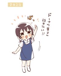 1girl :d arm_up blue_dress blush_stickers brown_eyes brown_hair child collared_shirt commentary_request dress full_body funami_mari highres looking_at_viewer namori open_mouth outstretched_arm pinafore_dress shirt short_hair short_sleeves simple_background sleeveless sleeveless_dress smile socks solo standing translation_request v-shaped_eyebrows white_background white_shirt white_socks yuru_yuri