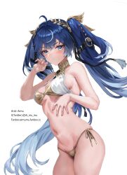 1girl absurdres ahoge aimu_(angry9565) bare_shoulders blue_eyes blush breasts closed_mouth commentary fingernails gold_bra gold_panties hand_up head_wreath highres long_hair looking_at_viewer lupa_(wuthering_waves) medium_breasts navel panties side-tie_panties simple_background solo stomach thighs underwear very_long_hair white_background wuthering_waves