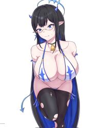 1girl alternate_costume bikini black_pantyhose blue_archive blue_bikini blue_eyes blue_halo blue_horns blue_tail breasts clothes_pull commentary_request demon_girl demon_horns demon_tail elbow_gloves fang gloves halo highres horns large_breasts multicolored_bikini pantyhose pantyhose_pull pointy_ears rimless_eyewear rin_(blue_archive) simple_background skyhood sling_bikini_top solo swimsuit tail torn_clothes torn_pantyhose white_background white_bikini white_gloves