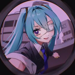 1girl apartment aqua_hair black_jacket blue_necktie blurry blurry_background building cellphone commentary danraz0r eyepatch fisheye hair_between_eyes hatsune_miku heart heart-shaped_pupils highres holding holding_phone jacket long_hair long_sleeves looking_at_viewer medical_eyepatch monitoring_(vocaloid) necktie open_mouth phone pov_peephole shirt smartphone solo standing symbol-shaped_pupils twintails vocaloid