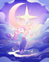 Rule 34 | 1girl, absurdres, aqua cloak, aqua eyes, bare arms, braid, cloud, collared cloak, crescent moon, dress, emphasis lines, expressionless, fingerless gloves, floating hair, gloves, high collar, highres, long dress, long hair, looking at object, moon, night, night sky, original, outdoors, parted lips, pink hair, purple dress, red ribbon, ribbon, single braid, sky, solo, standing, star (sky), tareme, very long hair, wading, waist ribbon, water, wedjigamja