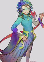 Rule 34 | 1other, akaneko (redakanekocat), androgynous, blue eyes, commentary, dress, facepaint, facial mark, feathers, forehead mark, gnosia, green hair, headphones, highres, long sleeves, looking at viewer, multicolored hair, other focus, raqio, short hair, simple background, solo, streaked hair, tattoo, upper body