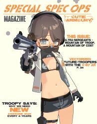 1girl bikini black_bikini black_gloves blue_eyes breasts brown_hair chikuwa_fan973 colt_anaconda freckles glasses gloves gun handgun headphones highres long_sleeves looking_at_viewer mask micro_bikini mouth_mask orange-framed_eyewear original revolver semi-rimless_eyewear short_hair small_breasts solo swimsuit under-rim_eyewear weapon