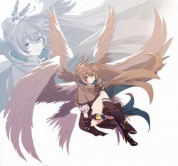 1girl absurdres ahoge ankle_boots bird_girl bird_wings boots brown_capelet brown_cloak brown_corset cape_lift capelet cloak corset crossed_bangs feather_hair_ornament feathers gloves hair_lift hair_ornament hand_up hieroglyphics highres hololive hololive_english kneehighs knees_up lantern long_hair looking_to_the_side multicolored_hair multiple_wings nanashi_mumei nanashi_mumei_(1st_costume) partially_fingerless_gloves pkoi pleated_skirt ponytail red_skirt ribbon shirt single_kneehigh single_sock single_thighhigh skirt smile socks streaked_hair thighhighs very_long_hair virtual_youtuber white_shirt wings