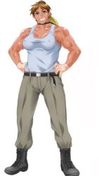 Rule 34 | 1girl, bandaid, bandaid on face, bandaid on nose, belt, boots, breasts, brown hair, complets, hard hat, covered erect nipples, gloves tan, unworn headwear, helmet, unworn helmet, large breasts, medium hair, muscular, muscular female, pants, ponytail, smile, solo, takahara minako, tan, tank top, tanline, the guts!, the guts! -maximum maternity-