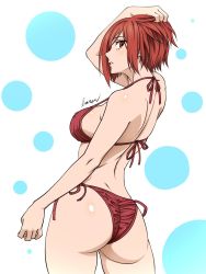 1girl ass baron_(varon666) bikini breasts en&#039;en_no_shouboutai en&#039;en_no_shouboutai from_behind halterneck hand_on_own_head highres lisa_isaribi looking_back red_bikini red_eyes red_hair shiny_skin side-tie_bikini_bottom solo standing string_bikini swimsuit thighs varon white_background