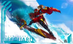 Rule 34 | 1boy, absurdres, commentary, cyborg, english commentary, highres, holstered, innertube, jacket, korean commentary, lifeguard, male focus, male swimwear, mechanical legs, mixed-language commentary, ocean, open hand, open mouth, original, puhaaang, ranguage, red jacket, red male swimwear, red swim trunks, science fiction, solo, surfboard, surfing, swim ring, swim trunks, swimsuit, waves, yellow eyes