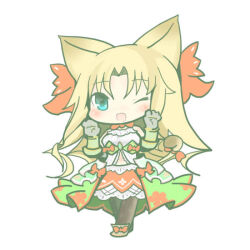 1girl animal_ears armor black_thighhighs blue_eyes breastplate cat_ears chibi emil_chronicle_online green_skirt hair_ribbon homurabi midriff mitama_elise navel one_eye_closed open_mouth orange_ribbon orange_skirt paw_pose ribbed_sweater ribbon simple_background skirt sweater thighhighs white_background