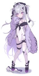 bandaid belt flat_chest long_hair purple_eyes