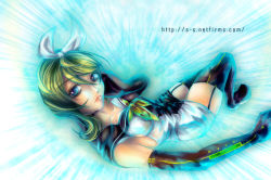 1girl blonde_hair blue_eyes boots choker dress elbow_gloves female_focus gloves hair_ribbon kagamine_rin long_hair meltdown ribbon roshin_yuukai_(vocaloid) sailor_dress sirius8041 solo thigh_boots thighhighs vocaloid zettai_ryouiki