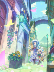Rule 34 | 3girls, bag, baguette, black hair, blonde hair, book, boots, bread, bridge, brown boots, brown eyes, brown gloves, bug, building, butterfly, cafe (chuu no ouchi), day, dress, flower, food, gloves, hat, highres, holding, holding bag, holding book, insect, lamppost, long hair, mini hat, mob cap, multiple girls, open mouth, original, outdoors, paper bag, plant, potted plant, purple flower, standing, walking, white hat, wide shot, wings, yellow flower