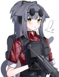 1girl :o absurdres arknights backpack bag black_choker black_gloves black_hair black_tail blush bright_pupils buttons choker collared_shirt eyewear_on_head gloves green_eyes gun headset highres holding holding_gun holding_weapon jessica_(arknights) long_hair looking_at_viewer microphone multicolored_hair parted_lips pink_hair plaid_clothes plaid_shirt red_shirt round_eyewear shirt short_sleeves simple_background solo spam_(spamham4506) streaked_hair submachine_gun sunglasses sweatdrop tail tail_raised trigger_discipline upper_body weapon white_background white_pupils