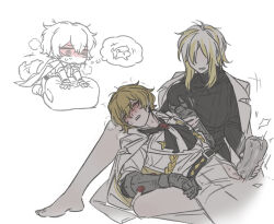 1boy 1girl ascot belt black_ascot black_belt blonde_hair blush breasts coat coat_on_shoulders collared_shirt faceless faceless_female faust_(project_moon) handjob hetero large_breasts leg_up limbus_company lying multicolored_hair n_corp._fanatic_(identity)_(project_moon) ohzv on_back open_mouth pants project_moon rope shirt short_hair simple_background sinclair_(project_moon) streaked_hair sweat sweater turtleneck turtleneck_sweater white_background white_coat white_hair white_pants white_shirt