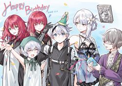2boys 4girls aqua_hat bandages black_gloves black_shirt blindfold blue_eyes blush book brother_and_sister center_frills child closed_eyes closed_mouth confetti dated devola dress emil_(nier) floating floating_object flower frills gloves green_eyes grey_hair grimoire_weiss hair_between_eyes hair_flower hair_ornament happy_birthday hat highres ikooto111 kaine_(nier) lingerie multiple_boys multiple_girls nier nier_(brother) nier_(series) open_mouth party_hat popola profile red_hair shirt short_hair siblings sisters sleeveless sleeveless_dress smile twins underwear white_dress white_flower white_hair yellow_eyes