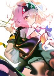 1girl absurdres animal_ears arknights black_hairband braid cat_ears cat_girl closed_mouth commentary eyes_visible_through_hair floppy_ears goldenglow_(arknights) hair_over_one_eye hairband hand_up highres holding holding_scissors lightning_bolt_print long_hair long_sleeves looking_at_viewer off_shoulder pink_hair print_hairband puffy_long_sleeves puffy_sleeves ribiadan scissors shirt simple_background smile solo white_background white_shirt yellow_eyes